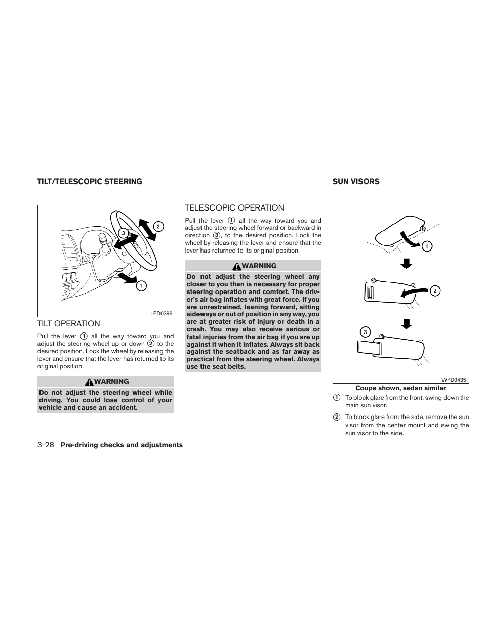 Tilt/telescopic steering -28, Tilt operation -28 telescopic operation -28, Sun visors -28 | NISSAN 2011 Altima Coupe User Manual | Page 163 / 446