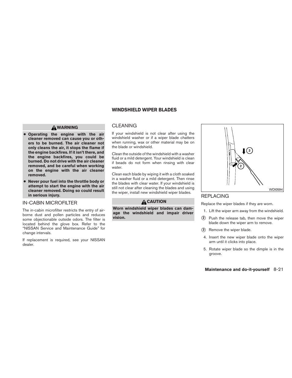 In-cabin microfilter -21, Windshield wiper blades -21, Cleaning -21 replacing -21 | NISSAN 2011 Altima Coupe User Manual | Page 380 / 446