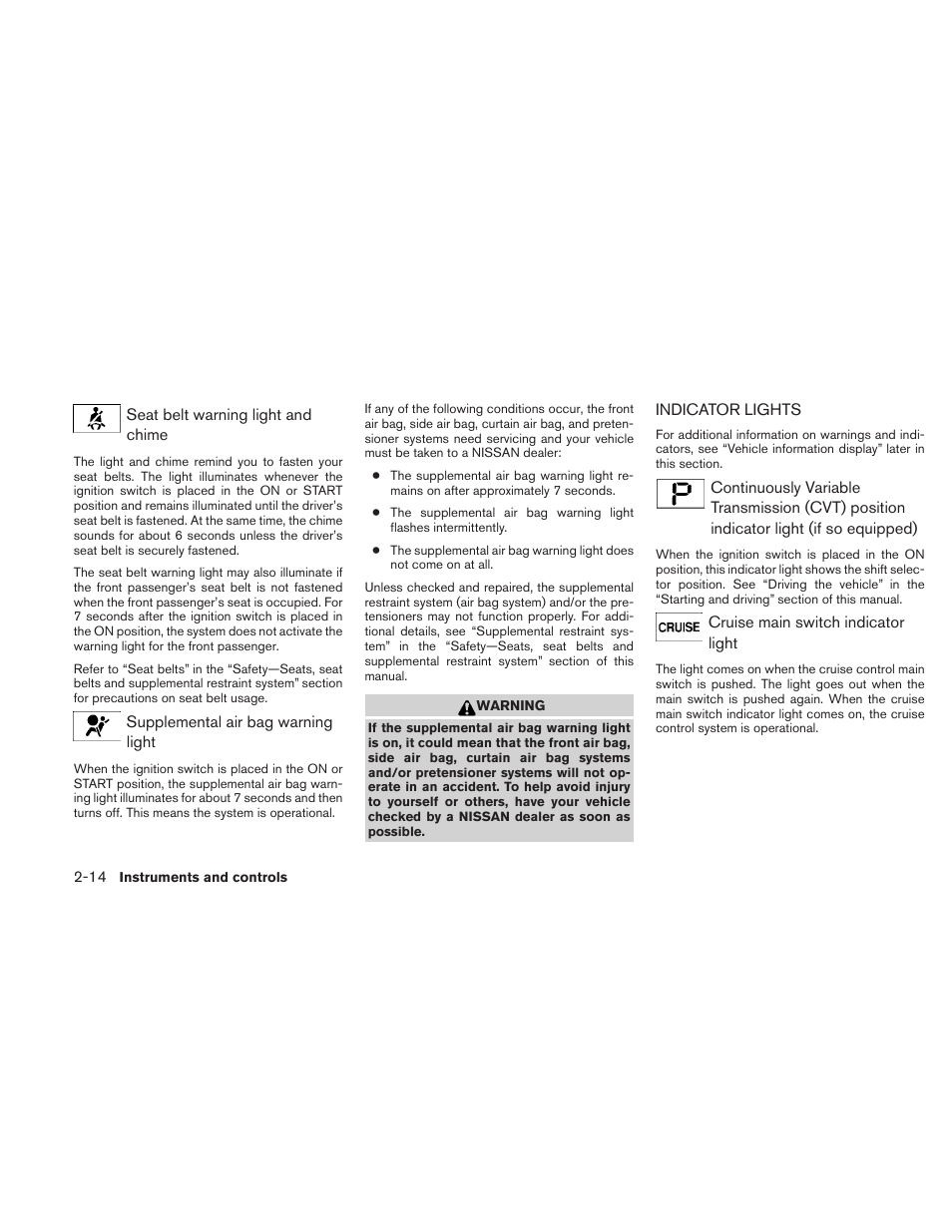 Indicator lights -14 | NISSAN 2011 Altima Coupe User Manual | Page 93 / 446