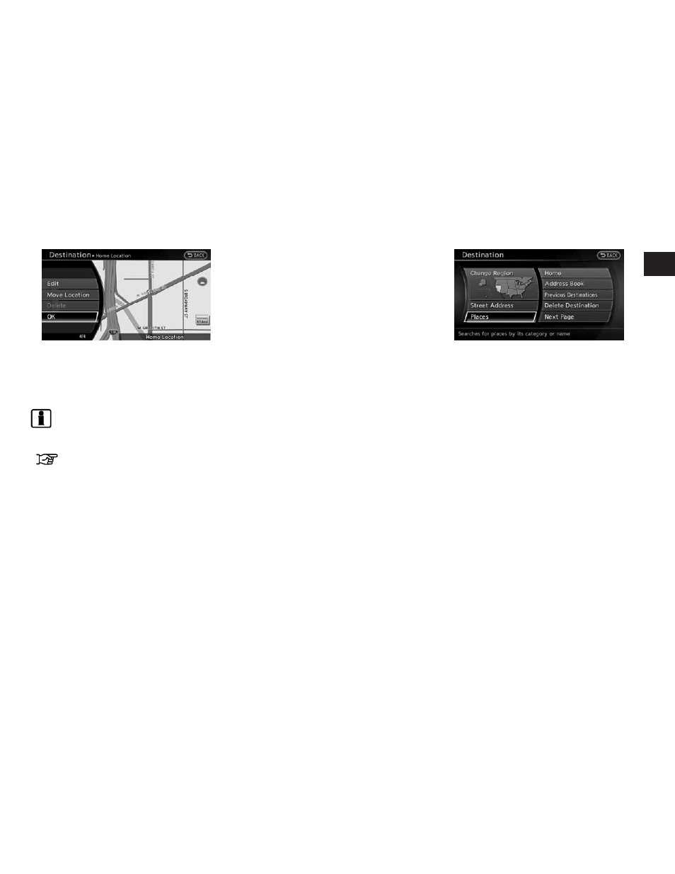 Setting a destination -17, Searching for a destination -17 | NISSAN 2010 Altima Coupe User Manual | Page 24 / 312