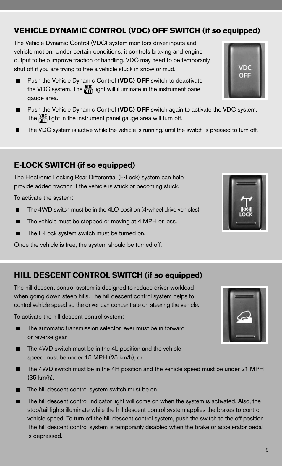 E-lock switch (if so equipped), Hill descent control switch (if so equipped) | NISSAN 2010 Frontier User Manual | Page 11 / 20