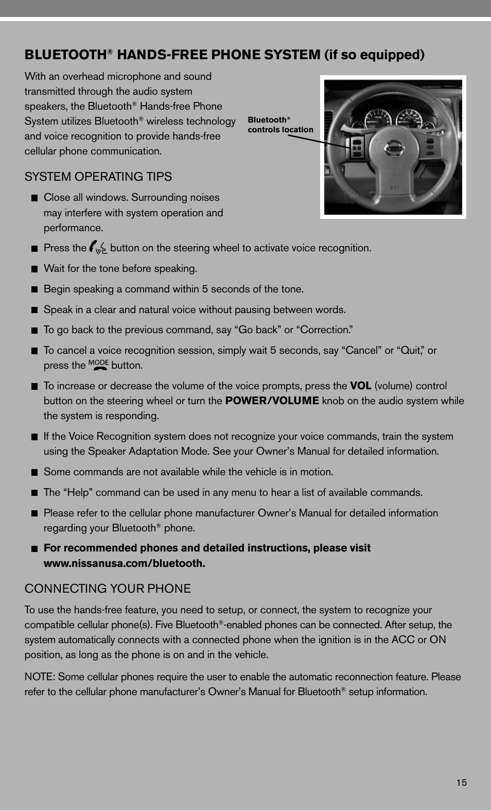 Bluetooth, Hands-free phone system (if so equipped), System operating tips | Connecting your phone | NISSAN 2010 Frontier User Manual | Page 17 / 20