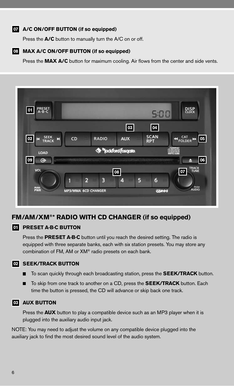 Fm/am/xm, Radio with cd changer (if so equipped) | NISSAN 2010 Frontier User Manual | Page 8 / 20