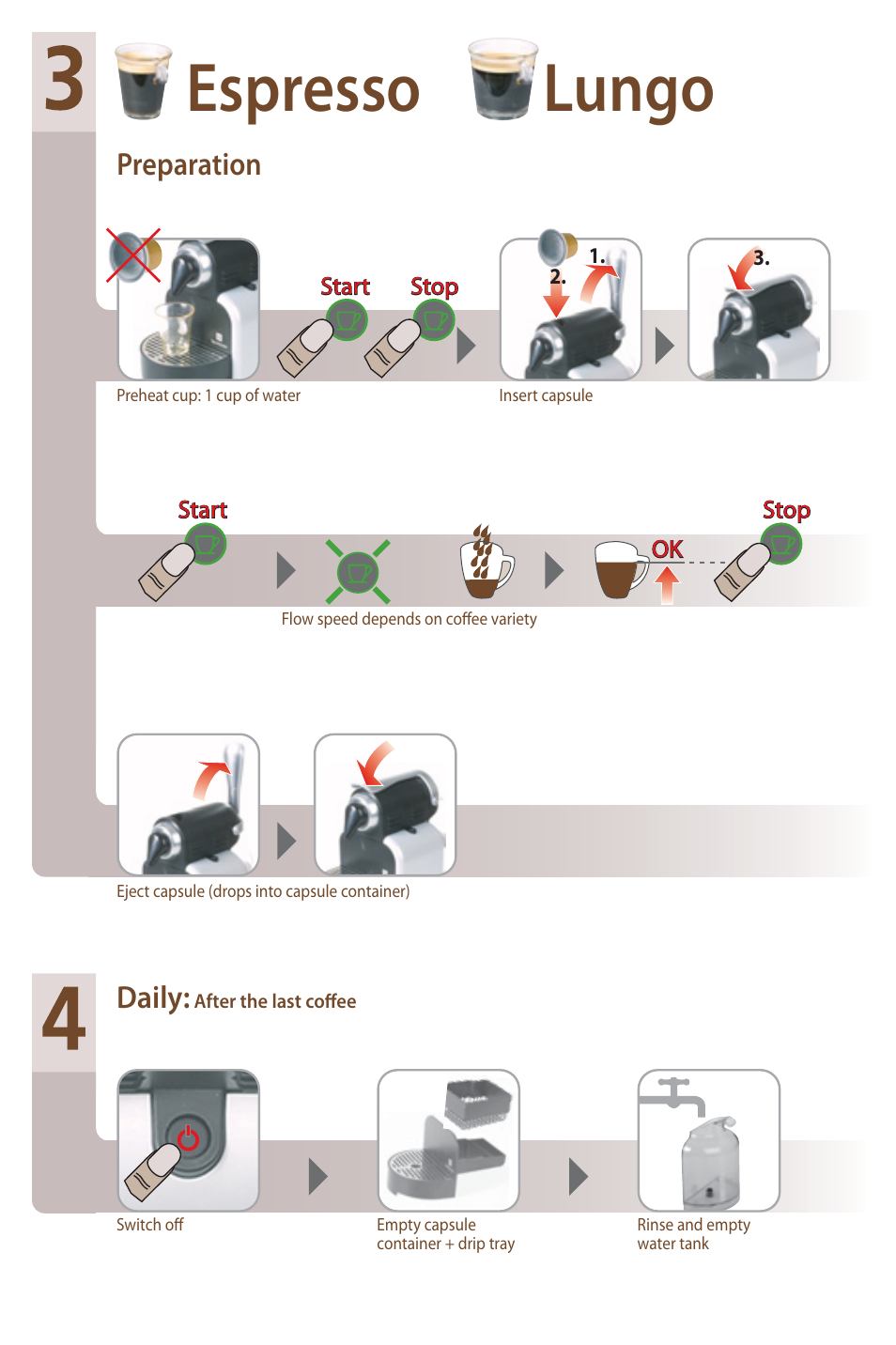 Espresso lungo, Preparation daily | Nespresso Essenza D90 User Manual | Page 3 / 7