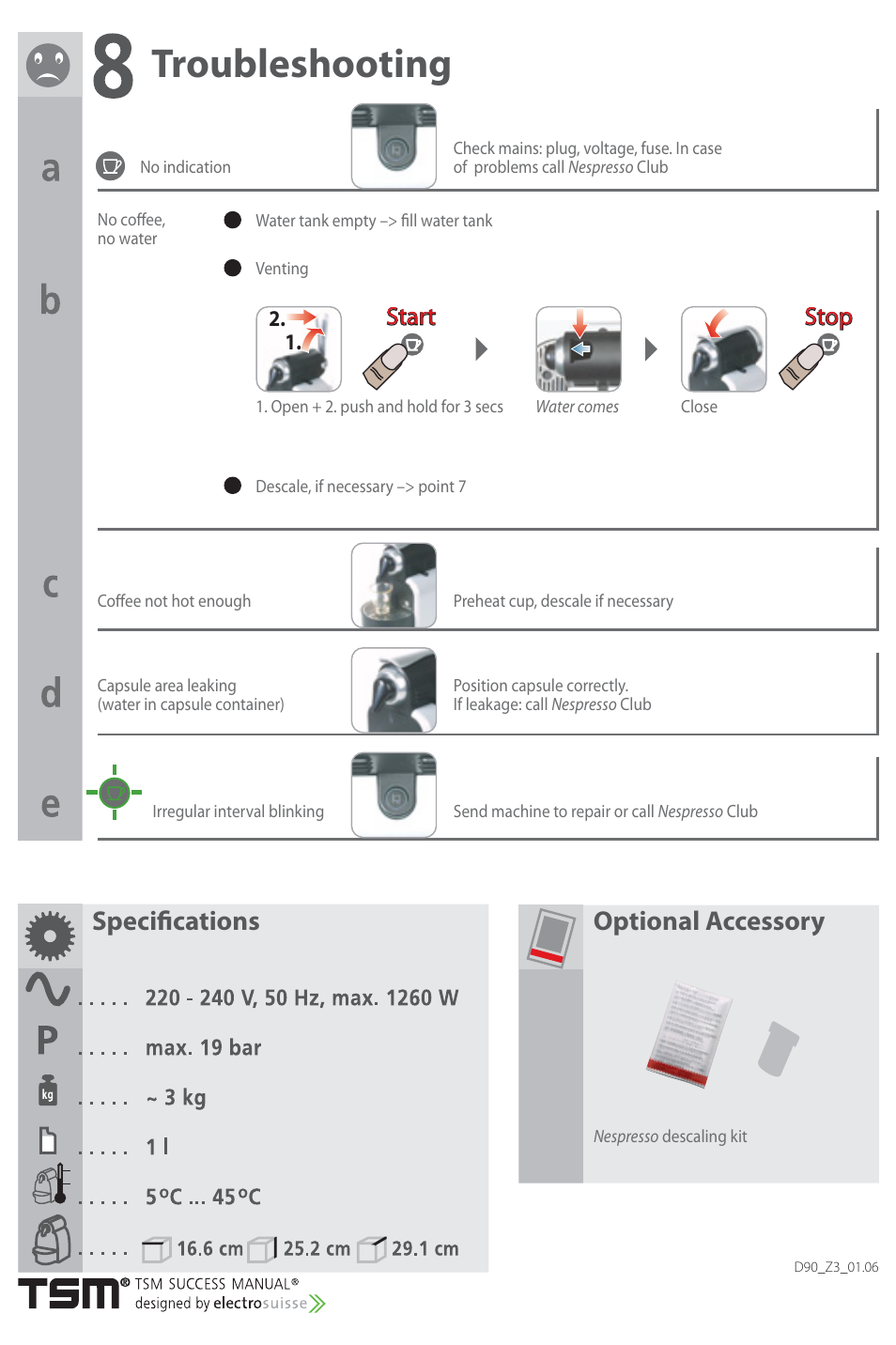 Troubleshooting, Specifi cations optional accessory, Start | Start stop stop | Nespresso Essenza D90 User Manual | Page 6 / 7