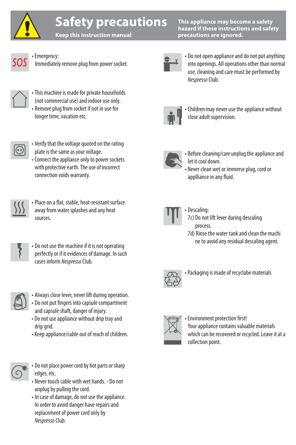 Safety precautions | Nespresso Essenza Automatic C100 User Manual | Page 7 / 7