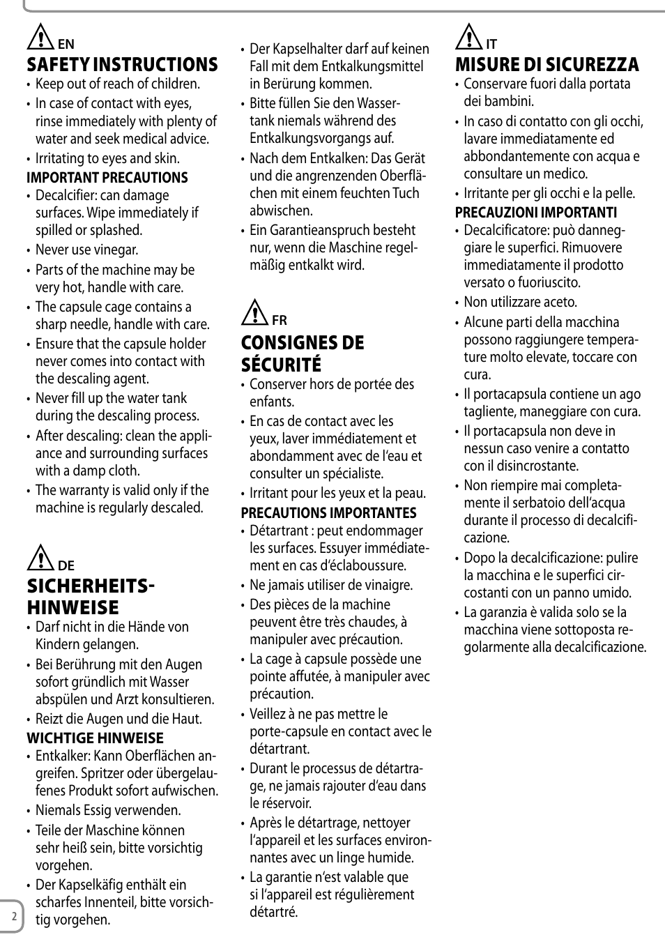 Safetyinstructions, Sicherheits­ hinweise, Consignesde sécurité | Misuredisicurezza | Nespresso Coffeemaker User Manual | Page 2 / 11