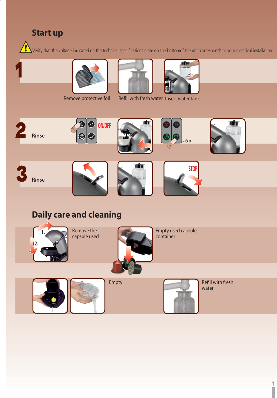 Start up, Daily care and cleaning | Nespresso D290 User Manual | Page 2 / 10