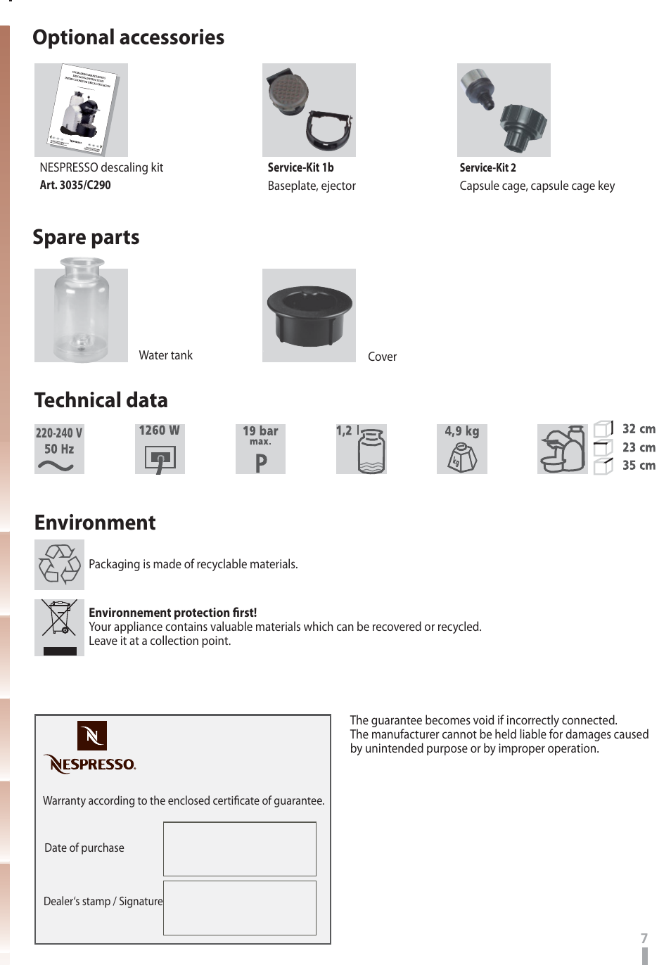 Optional accessories, Environment, Spare parts technical data | Nespresso D290 User Manual | Page 8 / 10