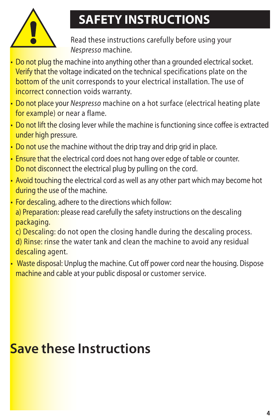 Save these instructions, Safety instructions | Nespresso ESSENZA C90 User Manual | Page 5 / 10