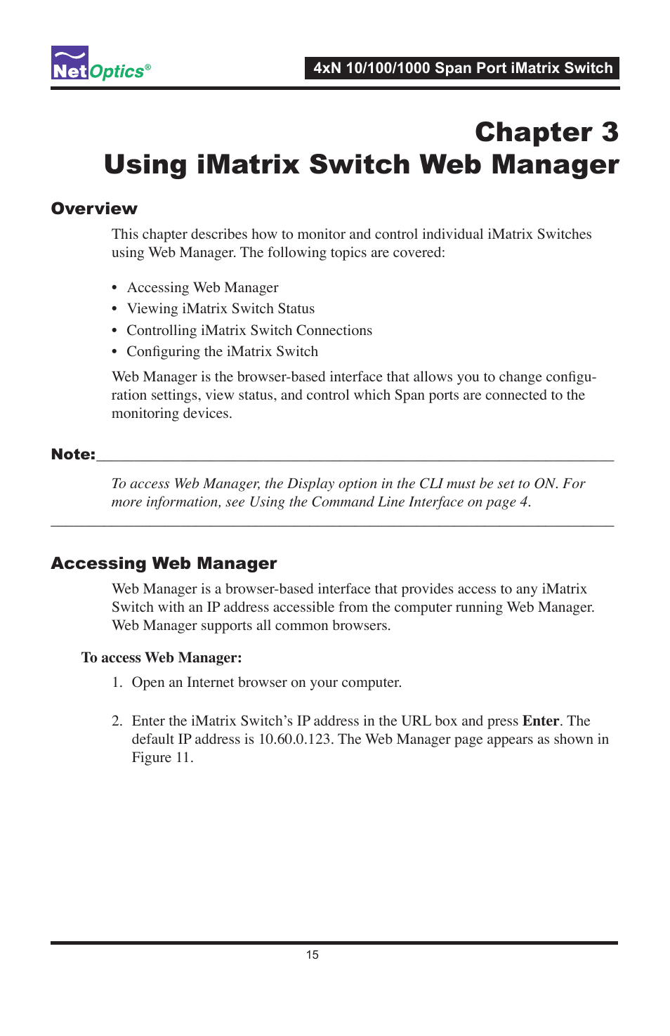 Chapter 3 using imatrix switch web manager | Net Optics ISW-CU3-S4x16 User Manual | Page 19 / 44