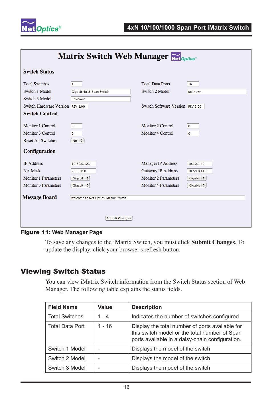 Viewing switch status | Net Optics ISW-CU3-S4x16 User Manual | Page 20 / 44
