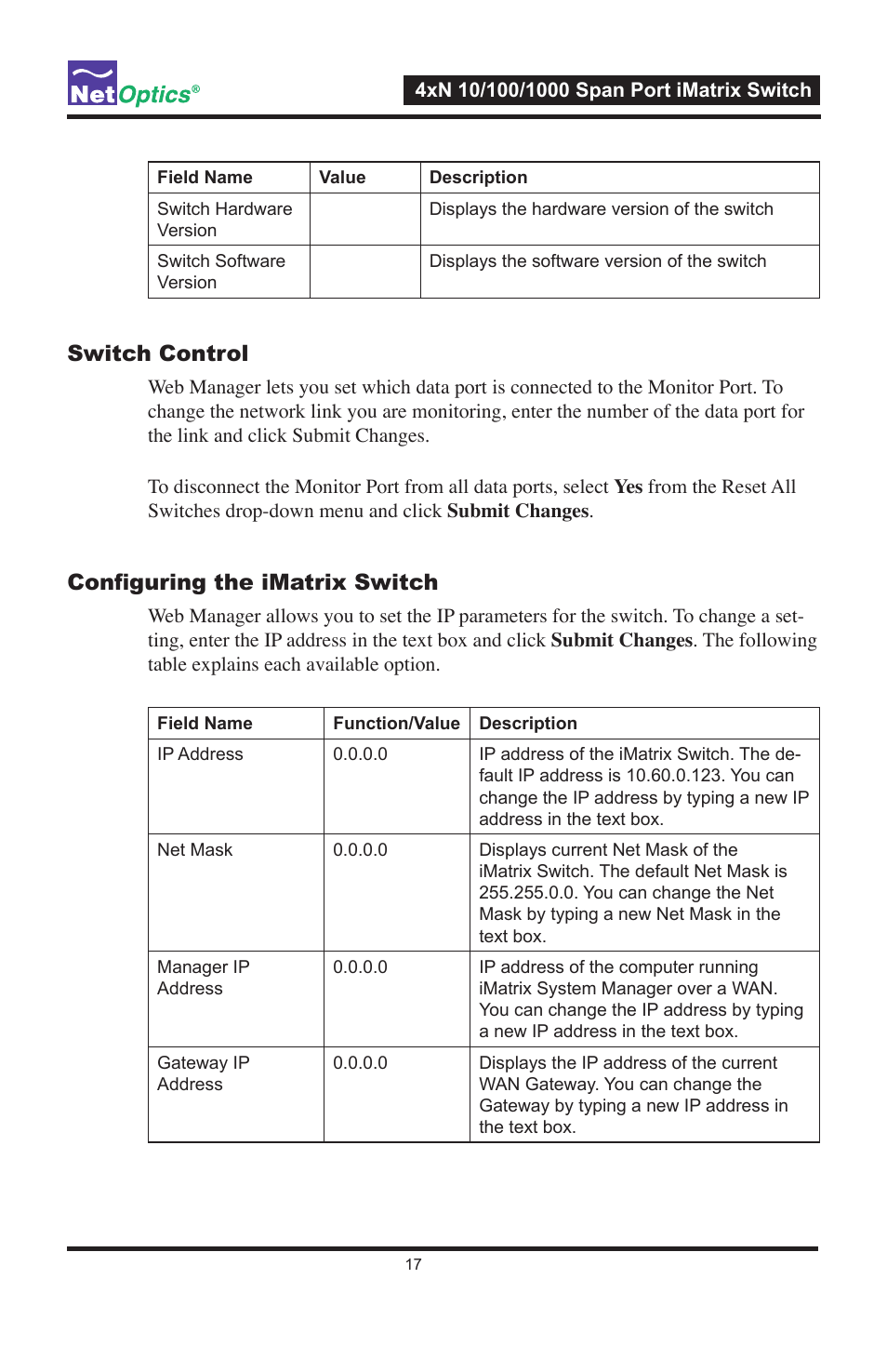 Switch control, Confi guring the imatrix switch | Net Optics ISW-CU3-S4x16 User Manual | Page 21 / 44