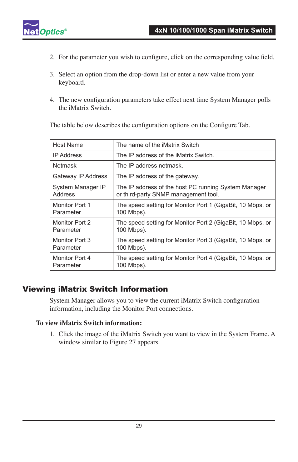 Viewing imatrix switch information | Net Optics ISW-CU3-S4x16 User Manual | Page 33 / 44