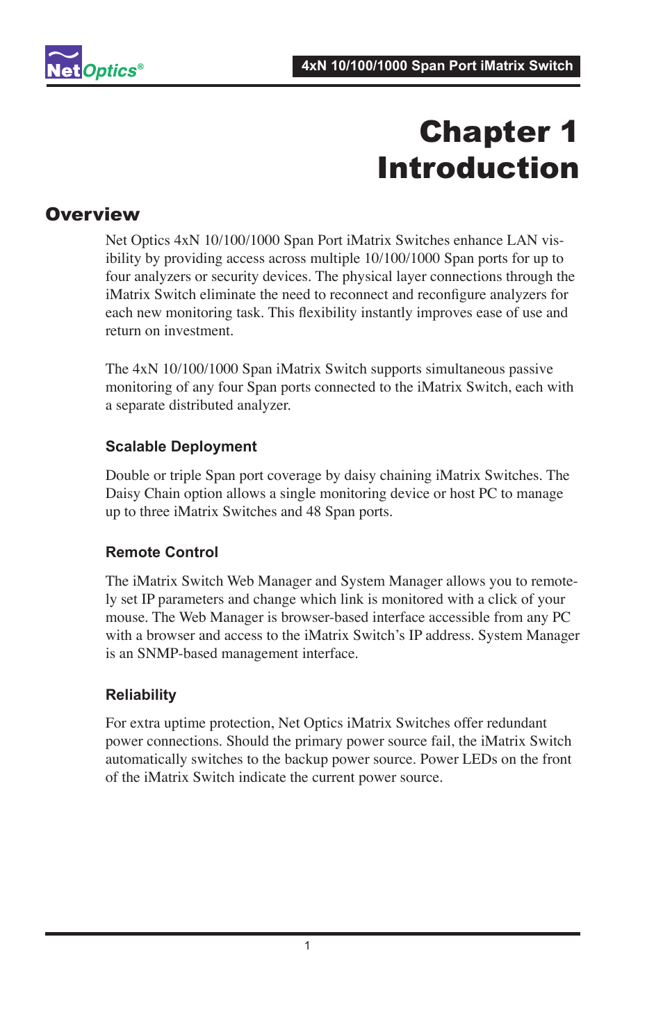Chapter 1 introduction, Overview | Net Optics ISW-CU3-S4x16 User Manual | Page 5 / 44