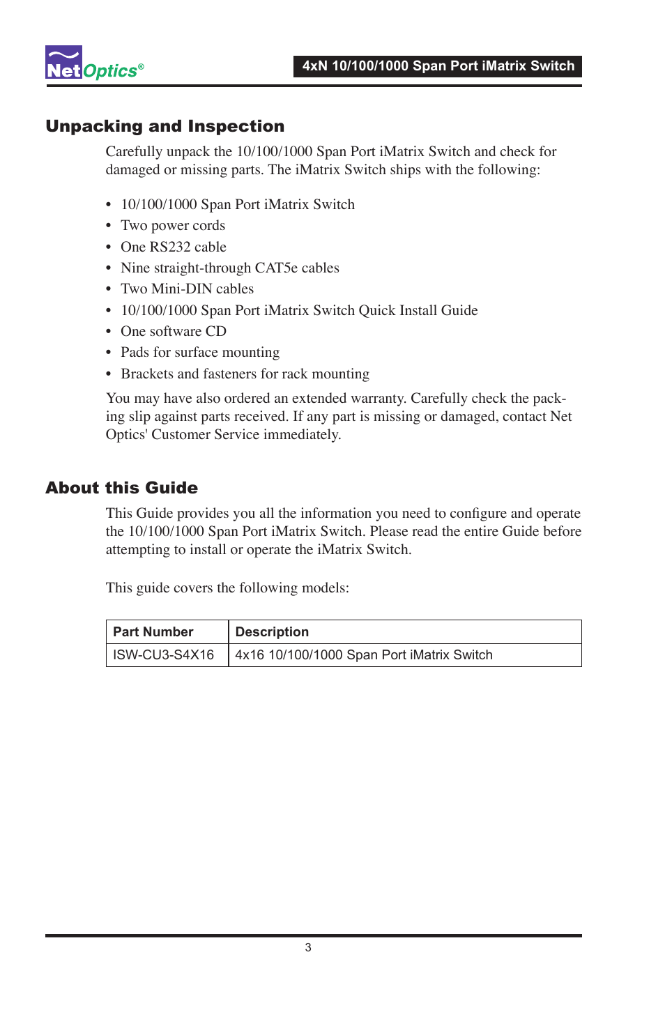 Unpacking and inspection, About this guide | Net Optics ISW-CU3-S4x16 User Manual | Page 7 / 44