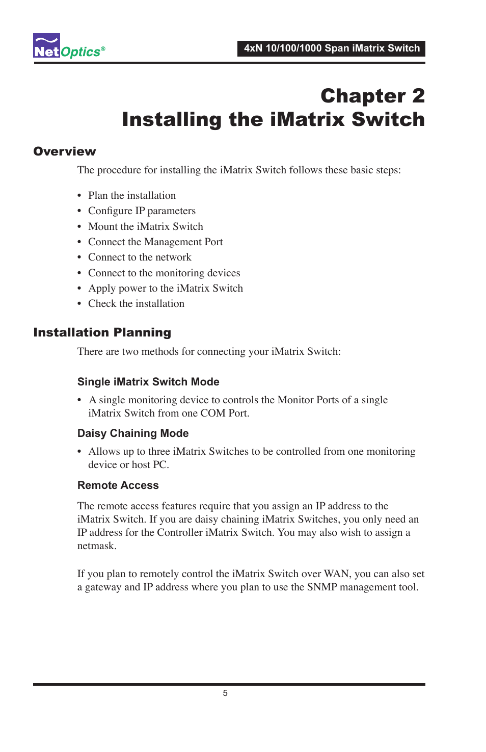 Chapter 2 installing the imatrix switch | Net Optics ISW-CU3-S4x16 User Manual | Page 9 / 44