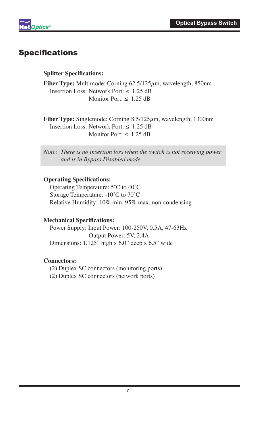 Specifications | Net Optics N-IDP-POBPSX-001 User Manual | Page 10 / 12