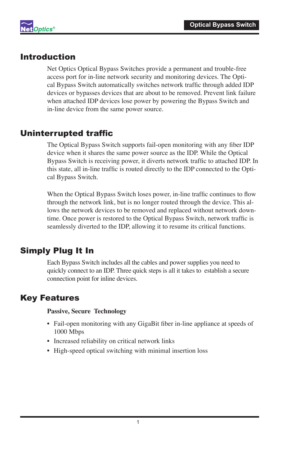 Introduction, Uninterrupted traffic, Simply plug it in | Key features | Net Optics N-IDP-POBPSX-001 User Manual | Page 4 / 12