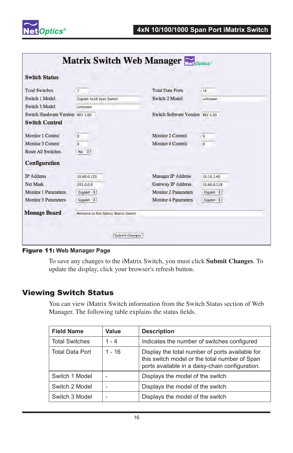Viewing switch status | Net Optics 4xN1000 User Manual | Page 20 / 44
