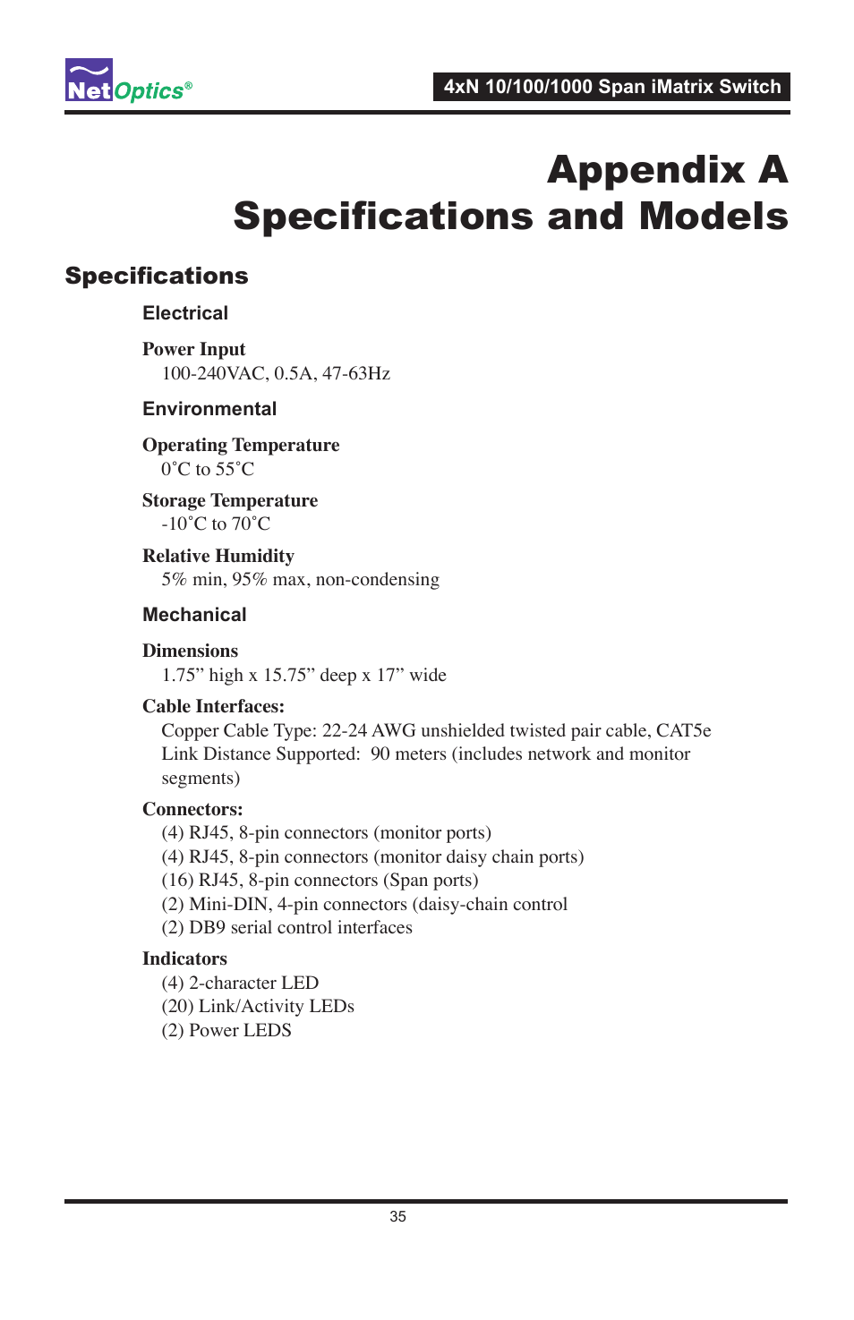Appendix a specifi cations and models | Net Optics 4xN1000 User Manual | Page 39 / 44