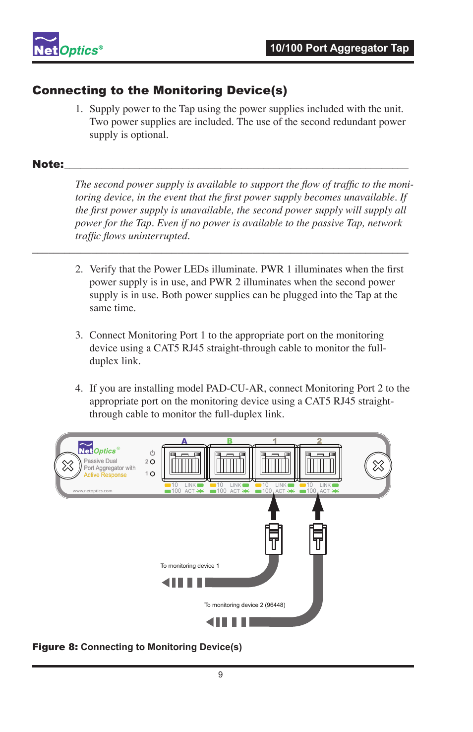 Connecting to the monitoring device(s), Figure 8: connecting to monitoring device(s) | Net Optics PA-CU-AR User Manual | Page 13 / 20