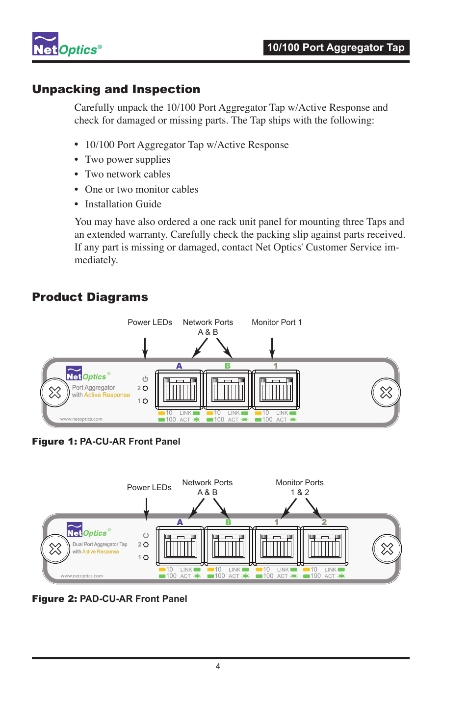 Unpacking and inspection, Product diagrams | Net Optics PA-CU-AR User Manual | Page 8 / 20