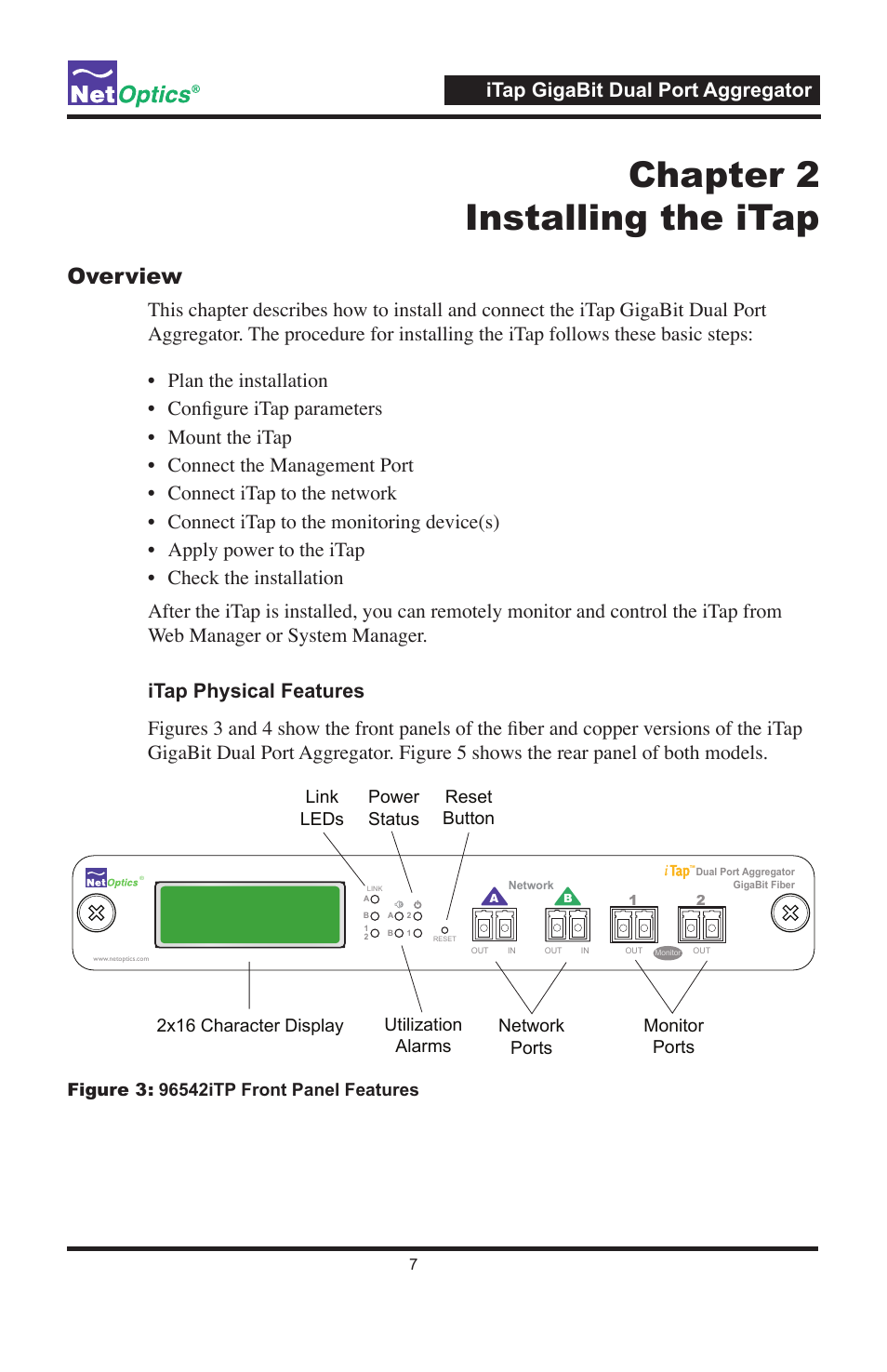 Chapter 2 installing the itap, Overview, Itap gigabit dual port aggregator | Net Optics 96547iTP User Manual | Page 11 / 52