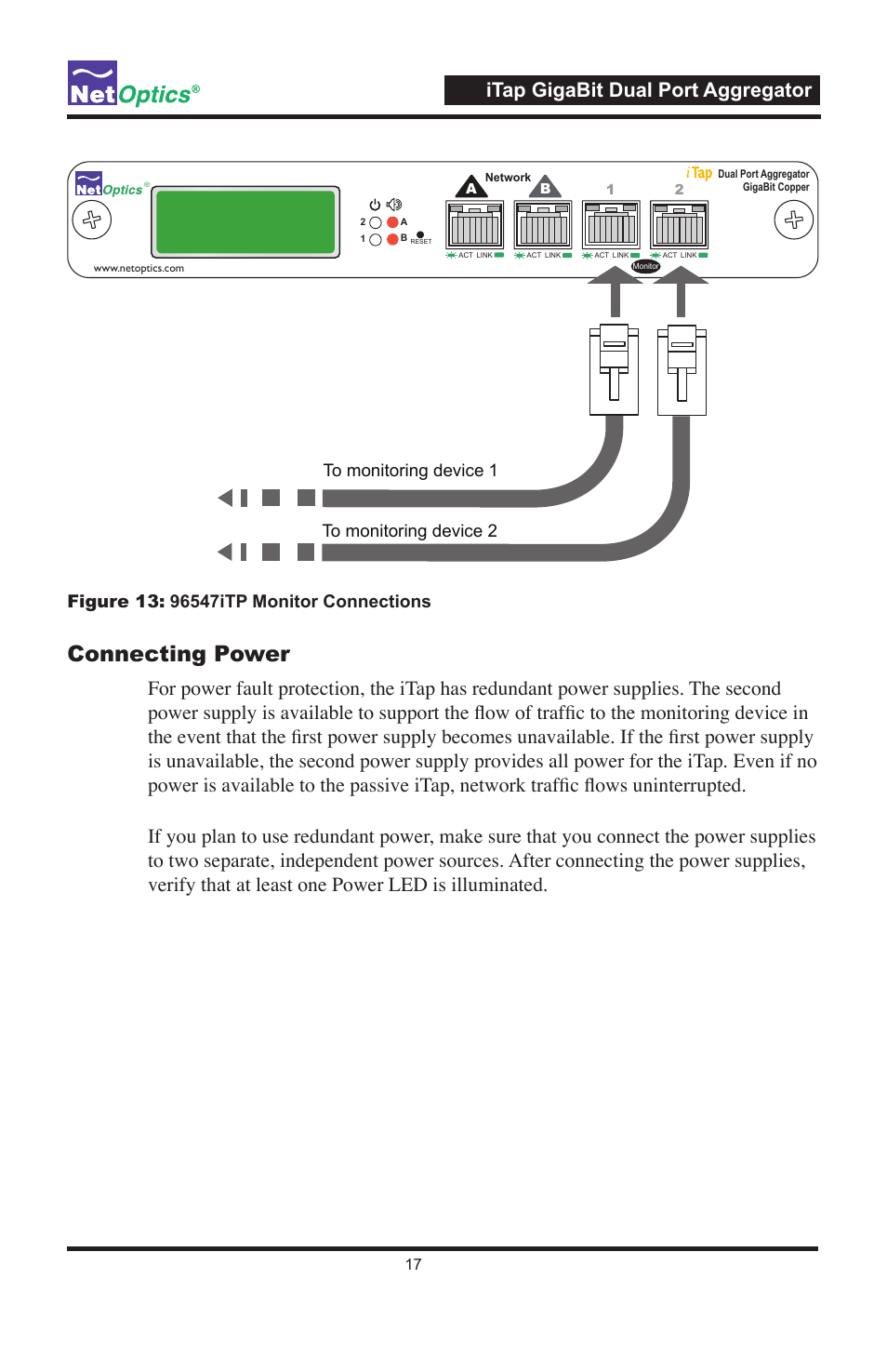 Connecting power, Itap gigabit dual port aggregator | Net Optics 96547iTP User Manual | Page 21 / 52