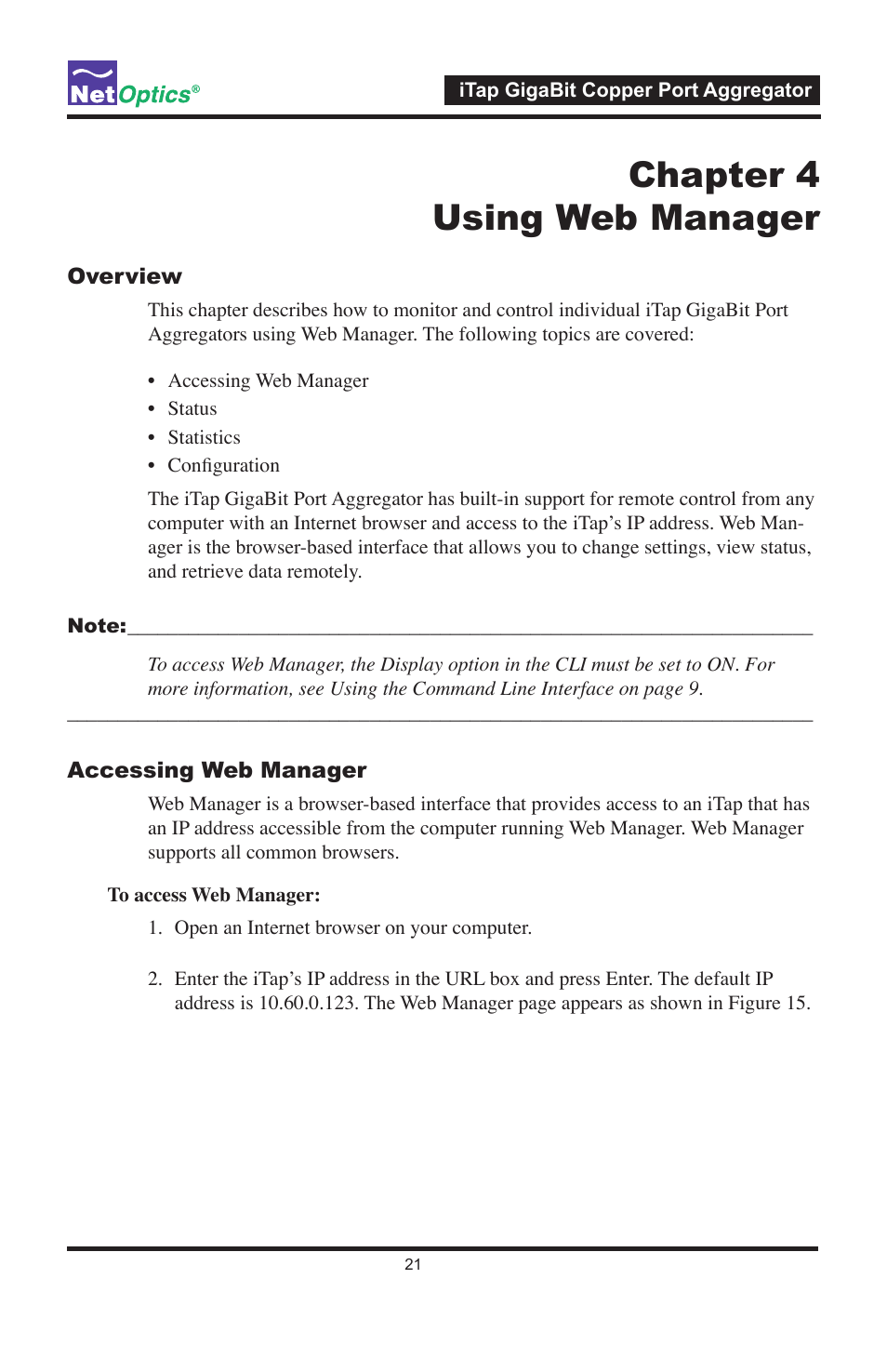 Chapter 4 using web manager | Net Optics 96547iTP User Manual | Page 25 / 52