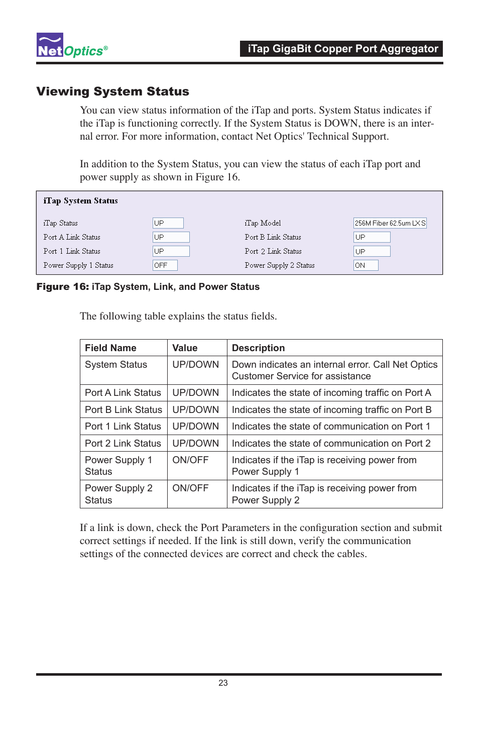 Viewing system status | Net Optics 96547iTP User Manual | Page 27 / 52