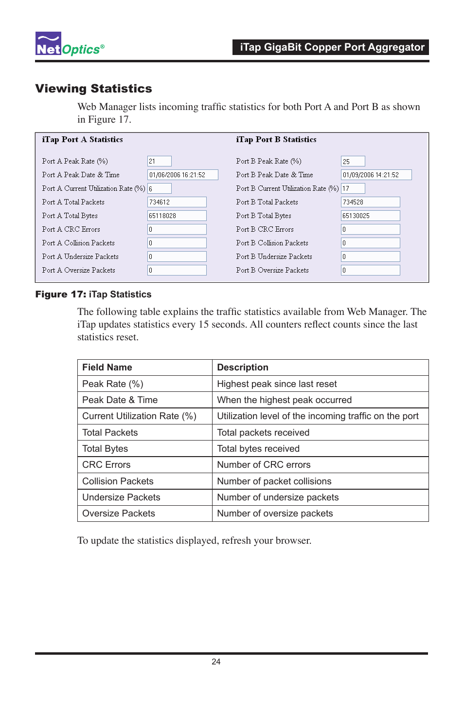 Viewing statistics | Net Optics 96547iTP User Manual | Page 28 / 52