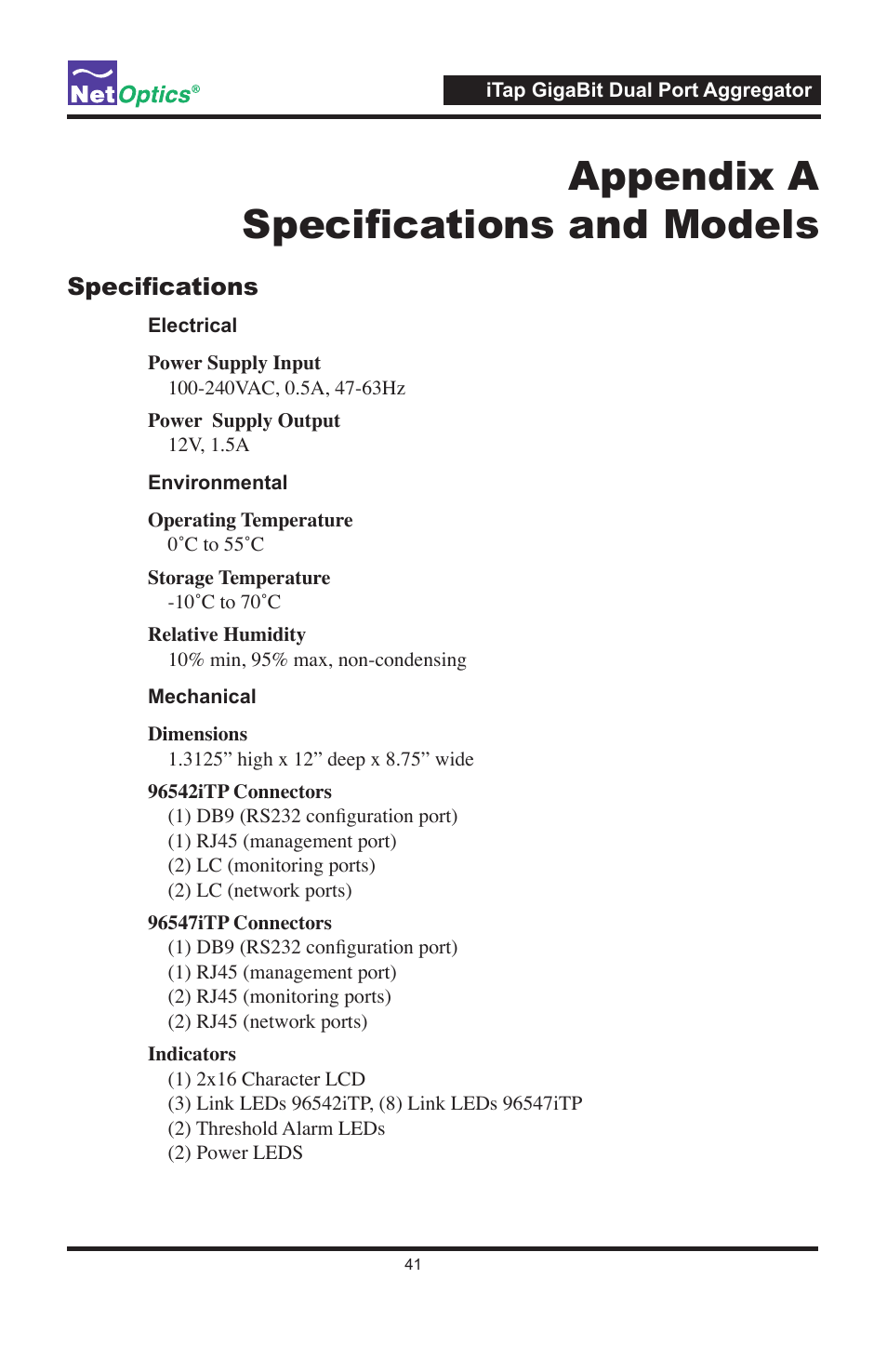 Appendix a specifi cations and models | Net Optics 96547iTP User Manual | Page 45 / 52