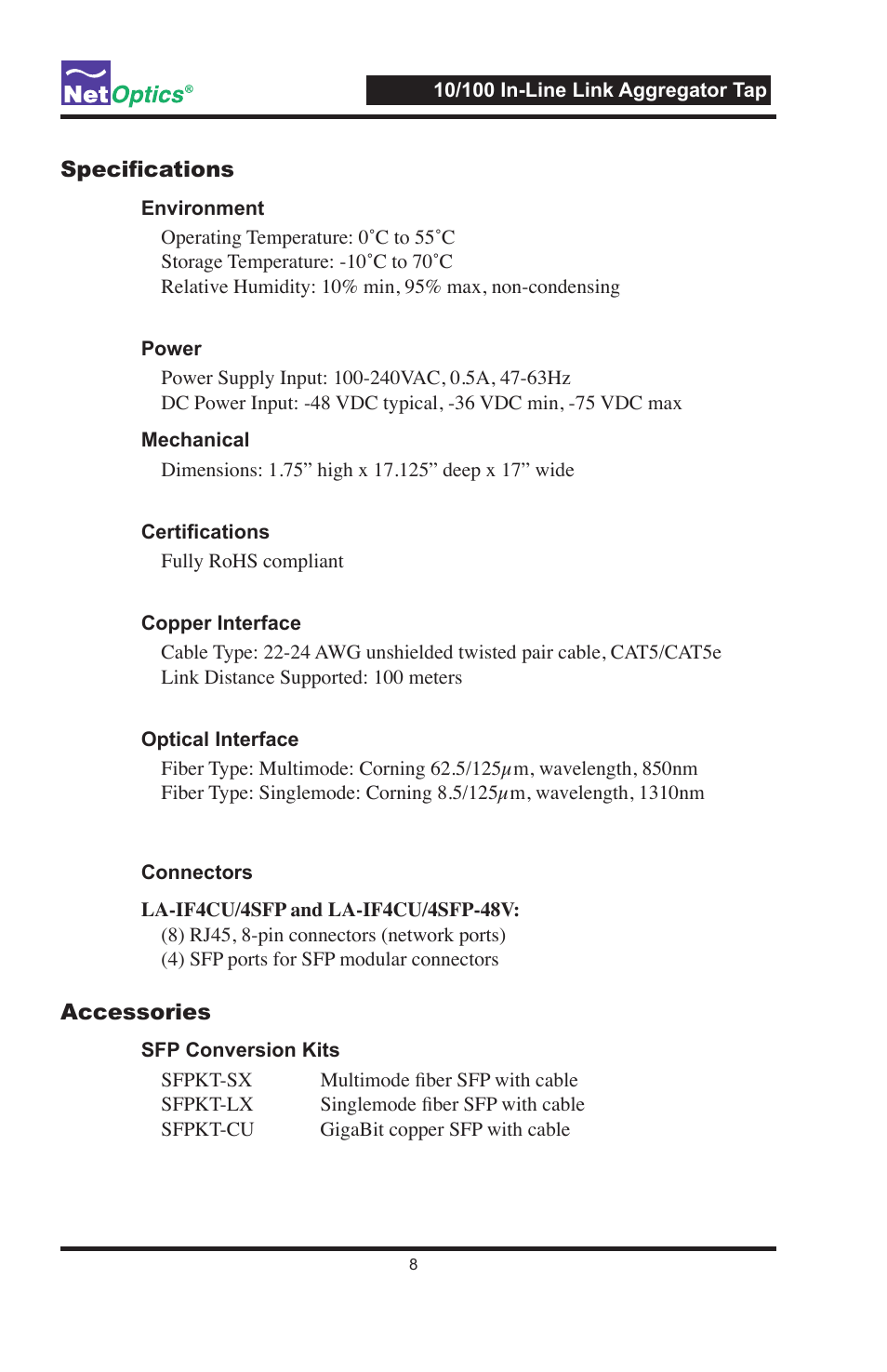 Net Optics Link Aggregator Tap 10/100 In-Line to GigaBit with SFP Monitor Ports User Manual | Page 12 / 16
