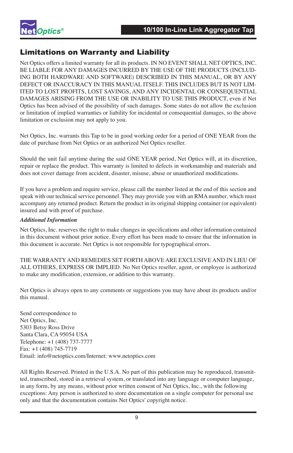 Limitations on warranty and liability | Net Optics Link Aggregator Tap 10/100 In-Line to GigaBit with SFP Monitor Ports User Manual | Page 13 / 16