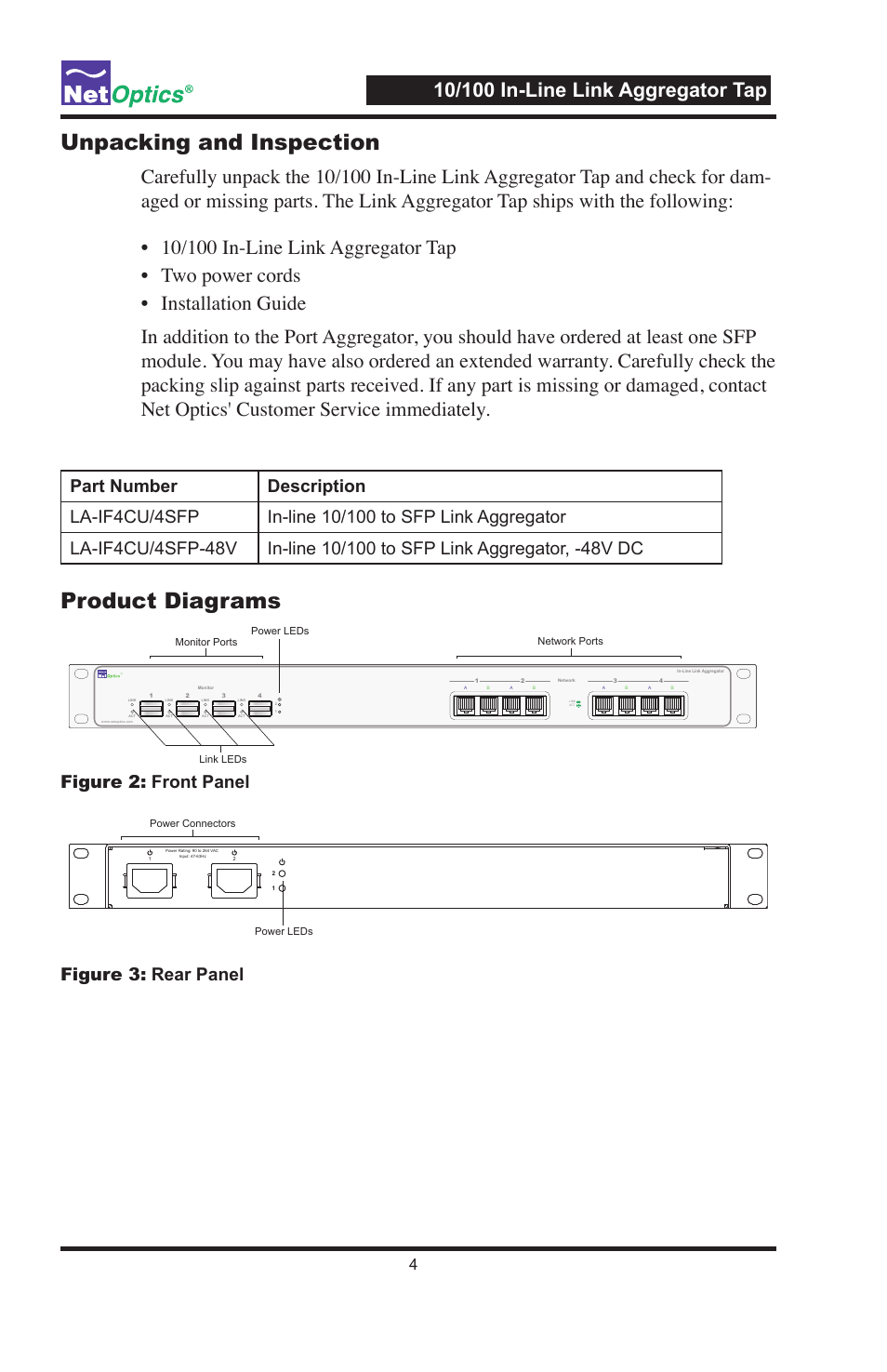 Unpacking and inspection, Product diagrams, Figure 2: front panel figure 3: rear panel | Net Optics Link Aggregator Tap 10/100 In-Line to GigaBit with SFP Monitor Ports User Manual | Page 8 / 16