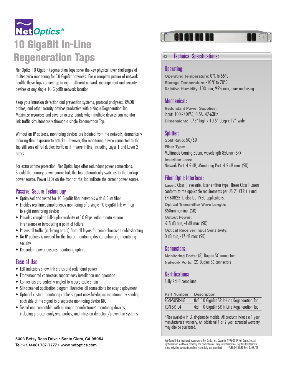 Net Optics RGN-50SR-IL8 User Manual | 2 pages