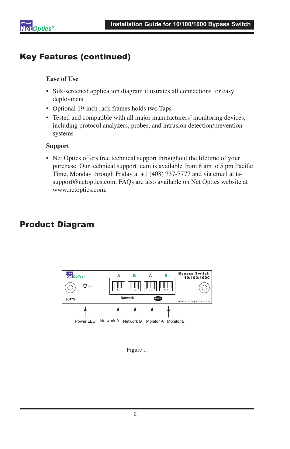 Product diagram, Key features (continued) | Net Optics 10/100/1000 User Manual | Page 5 / 10