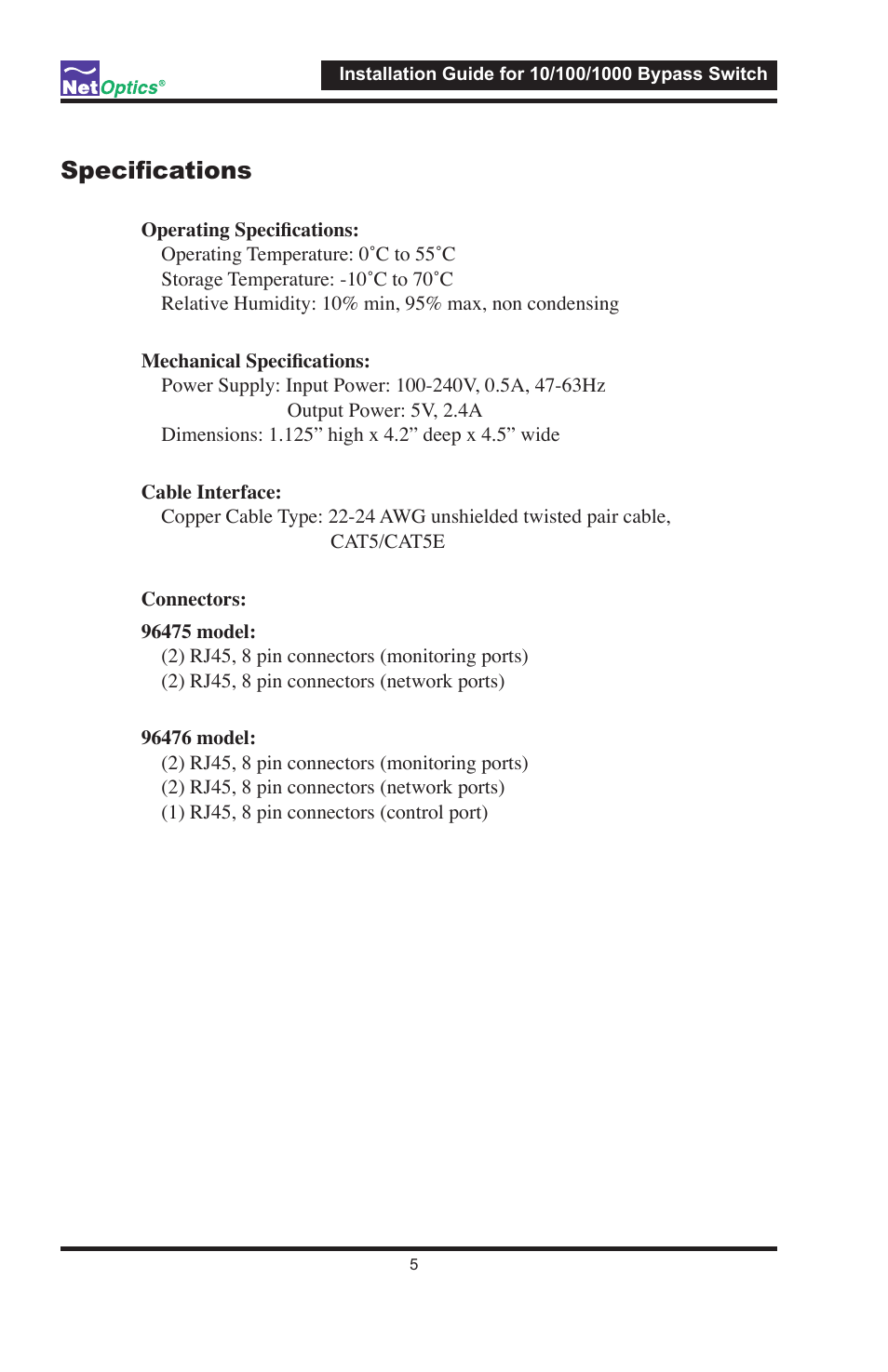 Specifications | Net Optics 10/100/1000 User Manual | Page 8 / 10