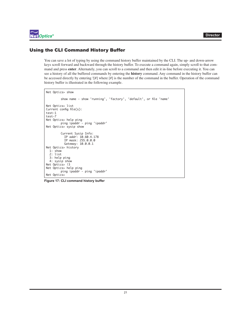 Using the cli command history buffer | Net Optics Director User Manual | Page 25 / 59