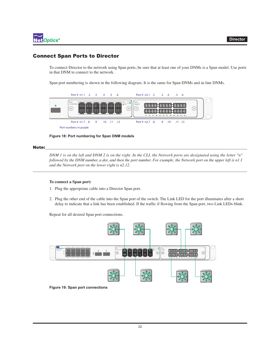 Connect span ports to director, Director, Port numbering for span dnm models figure 18 | Span port connections figure 19 | Net Optics Director User Manual | Page 26 / 59