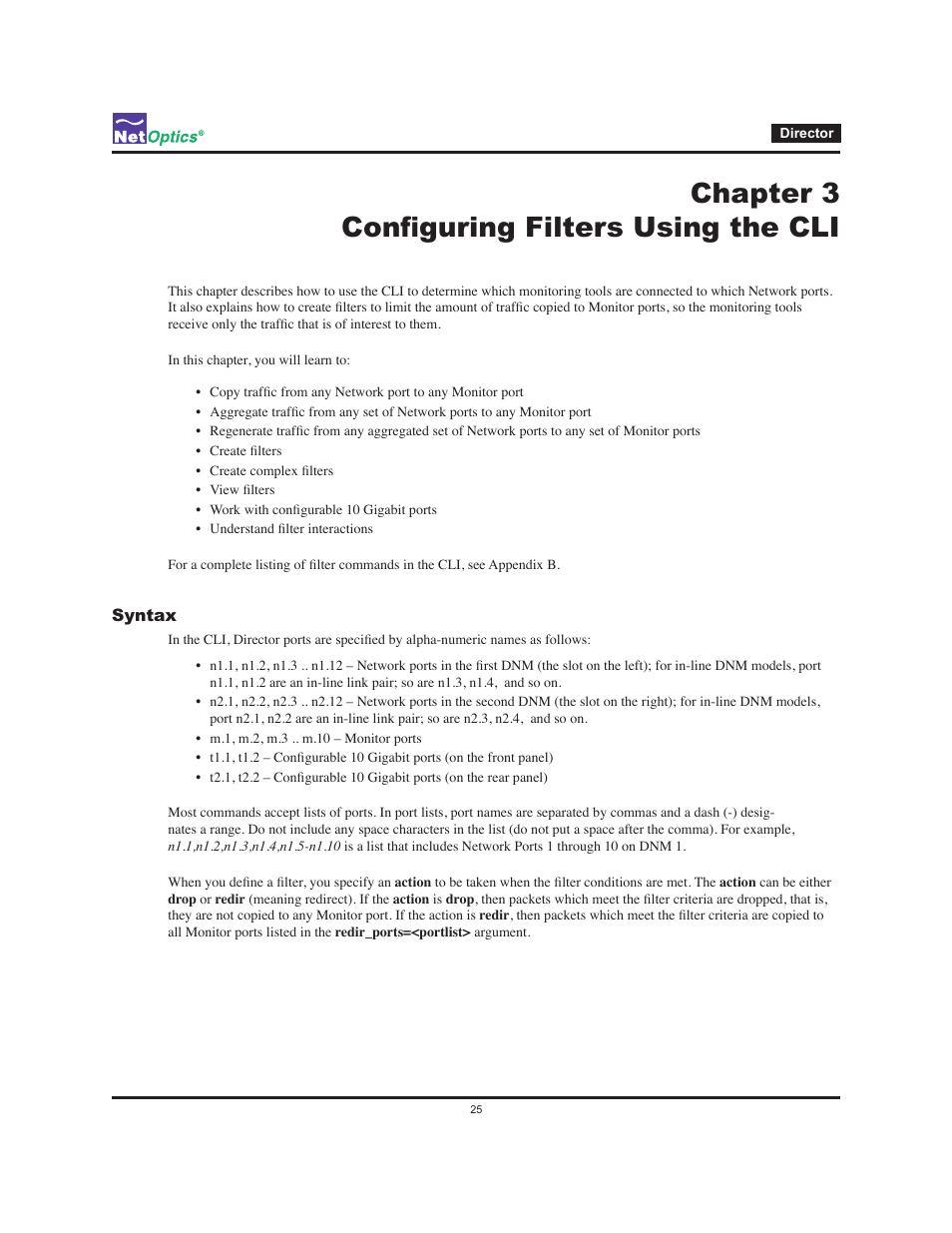 Chapter 3 configuring filters using the cli | Net Optics Director User Manual | Page 29 / 59