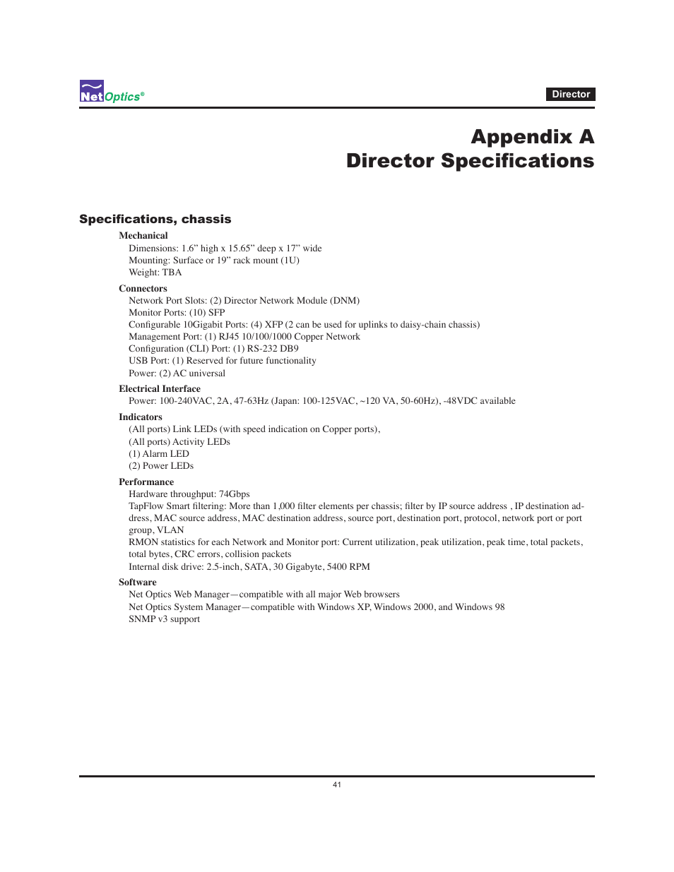 Appendix a director specifications | Net Optics Director User Manual | Page 45 / 59