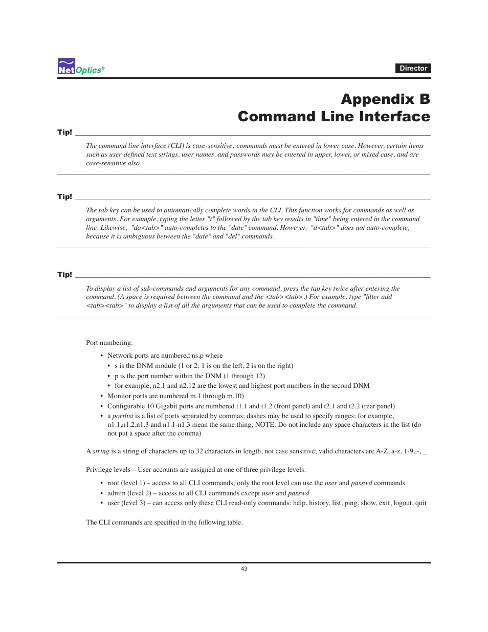 Appendix b command line interface | Net Optics Director User Manual | Page 47 / 59