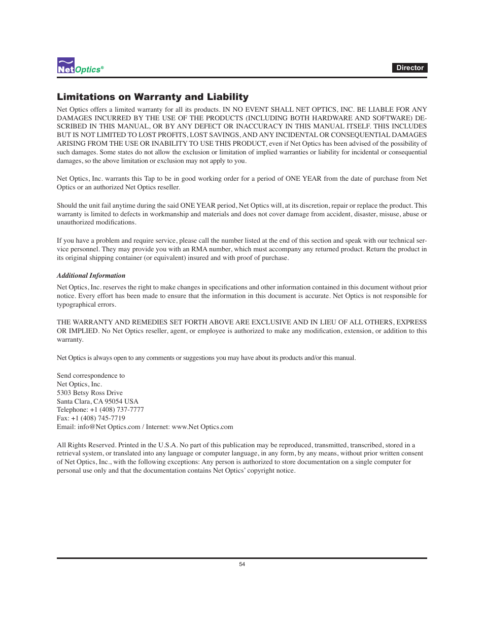 Limitations on warranty and liability | Net Optics Director User Manual | Page 58 / 59