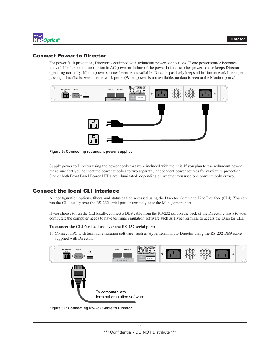 Connect power to director, Connect the local cli interface, Confidential - do not distribute *** director | Net Optics Smart Filtering none User Manual | Page 18 / 57