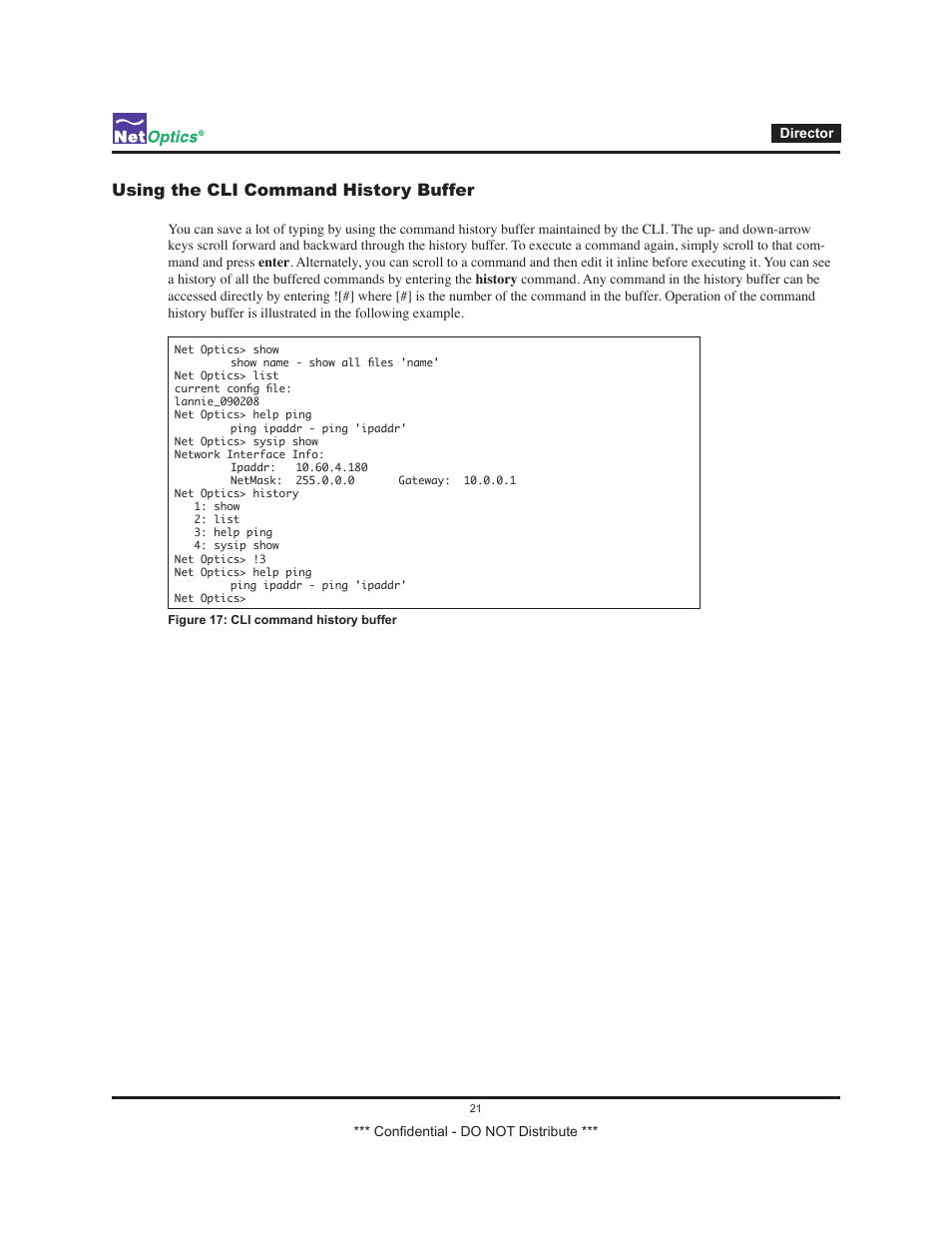 Using the cli command history buffer | Net Optics Smart Filtering none User Manual | Page 25 / 57