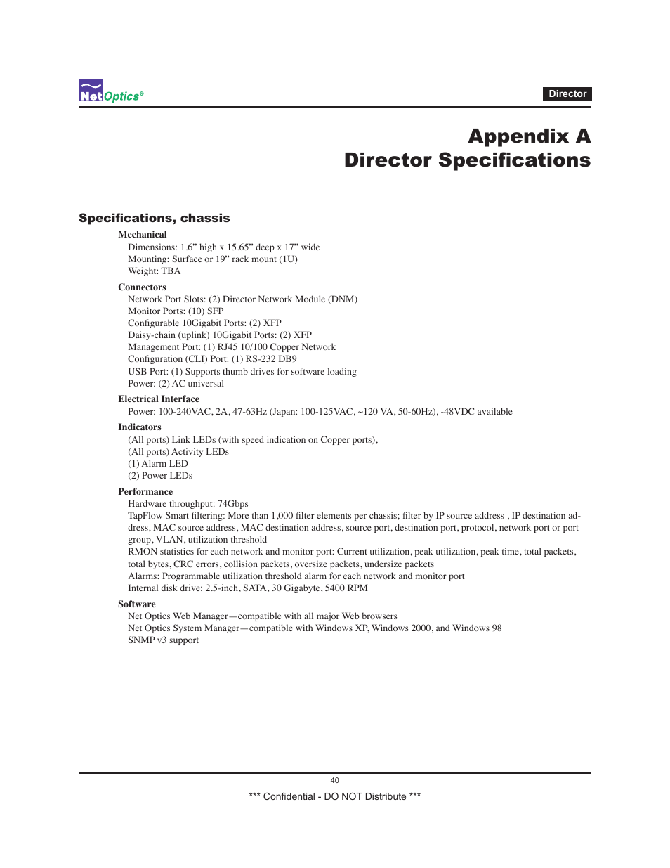 Appendix a director specifications | Net Optics Smart Filtering none User Manual | Page 44 / 57