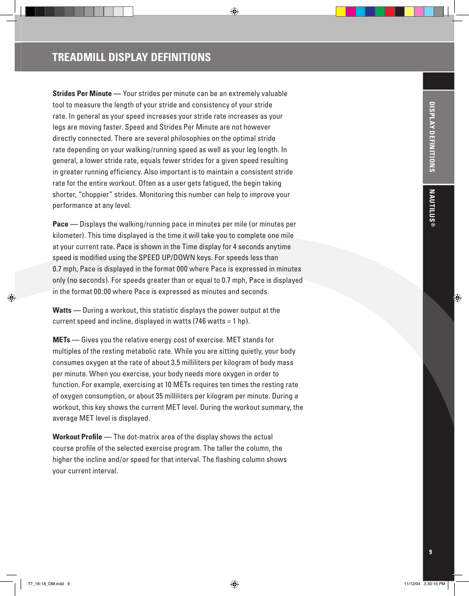Treadmill display definitions | Nautilus T7.16 User Manual | Page 11 / 44