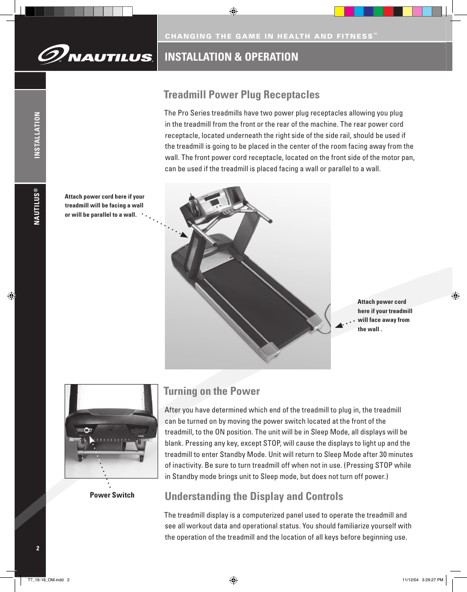 Treadmill power plug receptacles, Installation & operation turning on the power, Understanding the display and controls | Nautilus T7.16 User Manual | Page 4 / 44